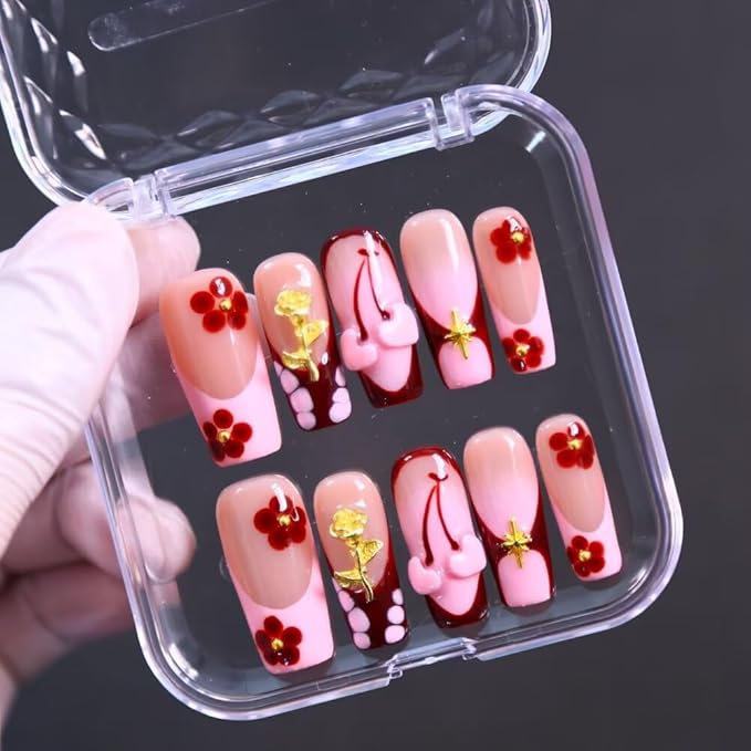 MAGLFELL 10Pcs Press On Nails Square Shape Hnadmade Fake Nails, Pink French Love Acrylic Nails, Reusable Artificial Gold Plated Decoration Square False Nails for Women (Size M)
