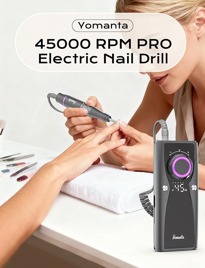 Yomanta Electric Nail Drill Professional Kit: 45,000 RPM USB Rechargeable Efile Nail Drill Nail File with 12 Bits for Polishing Gel/Acrylic Nails- Portable Manicure Tool Set for Salon/Home-Black