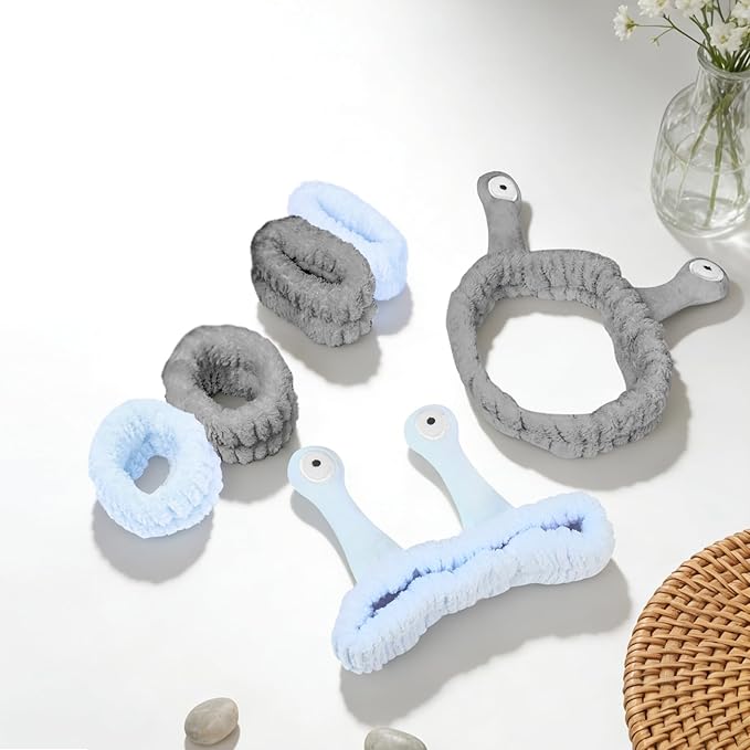 Snail Face Wash Headband Skincare & Wrist Bands for Washing Face Set Cute Spa Headband for Women and Wrist Faces Wash Bands for Shower, Facial Cleaning, Soft Coral Fleece Makeup Headbands,Blue & Gray
