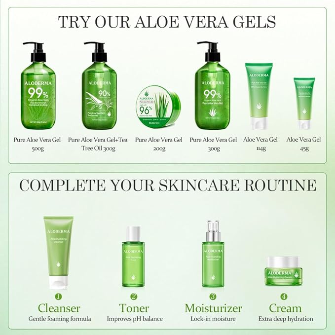 Aloderma 99% Organic Aloe Vera Gel Made within 12 Hours of Harvest - Pump Bottle - Lightweight Aloe Gel for Face and Body, Soothing and Hydrating Sunburn Relief, Great for Scalp & Hair - 6 x 10.6oz