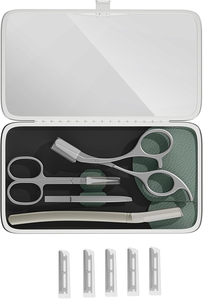Glamne Eyebrow Trimmer Kit Scissors Tweezers Razor Facial Shaver Grooming Set with Mirror Travel Cases