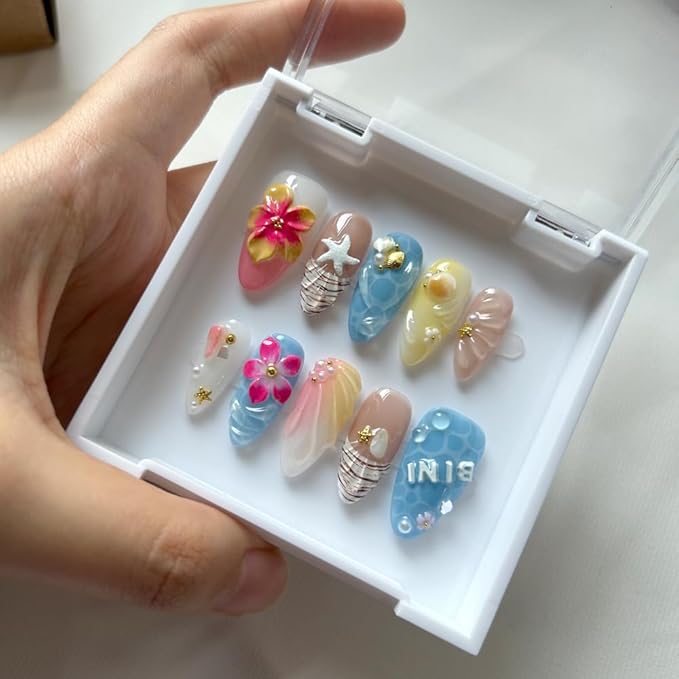 MAGLFELL Press On Nails - Medium Almond Handmade Unique Fake Nails, Artistic Design, Thick Acrylic and Muti-Layer Gel False Nails (Size M)
