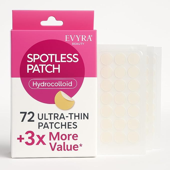 Evyra Spotless Patch – Invisible Hydrocolloid Blemish Cover Dots – Ultra-Thin, Clear Spot Stickers for Discreet Coverage – 72 Count