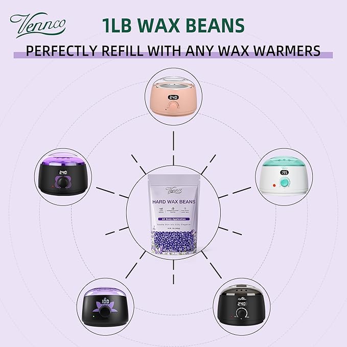 VENNCO Hard Wax Beads, 1lb Wax Beans with Lavender Essence, Gentle on All Skin Types, Suitable for Legs, Back, Chest, and Bikini, Waxing Beads Refill for Easy Hair Removal at Home