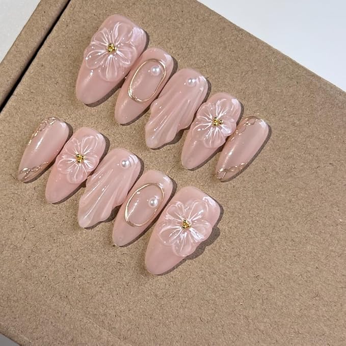 MAGLFELL 10 Pcs Medium Length Handamde Almond Press On Nails Reusable ABS Acrylic False Nails Set for Women (Size S)