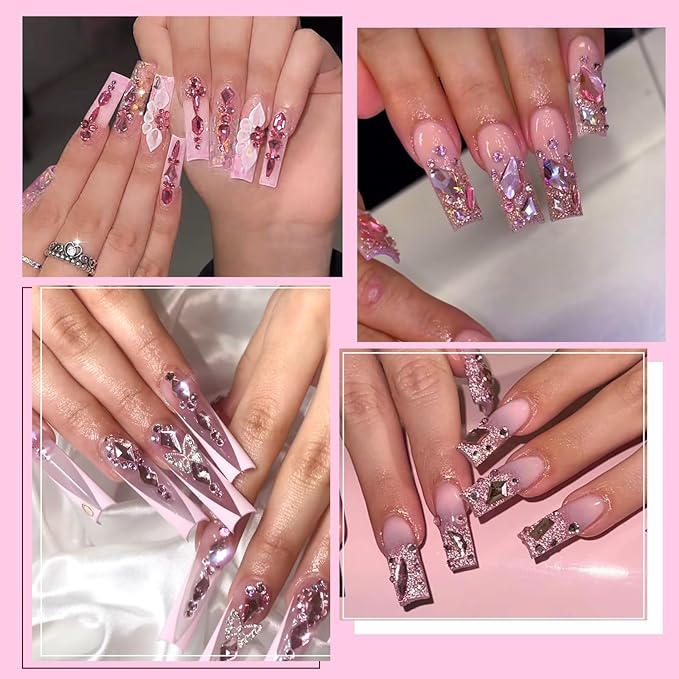Canvalite 2900Pcs Pink Rhinestones for Nails, 18 Styles Multi Shape Nail Charms and Gems Shiny Glass Crystal Flatback Nail Rhinestones Set for Nail Art with Rhinestone Picker and Tweezers