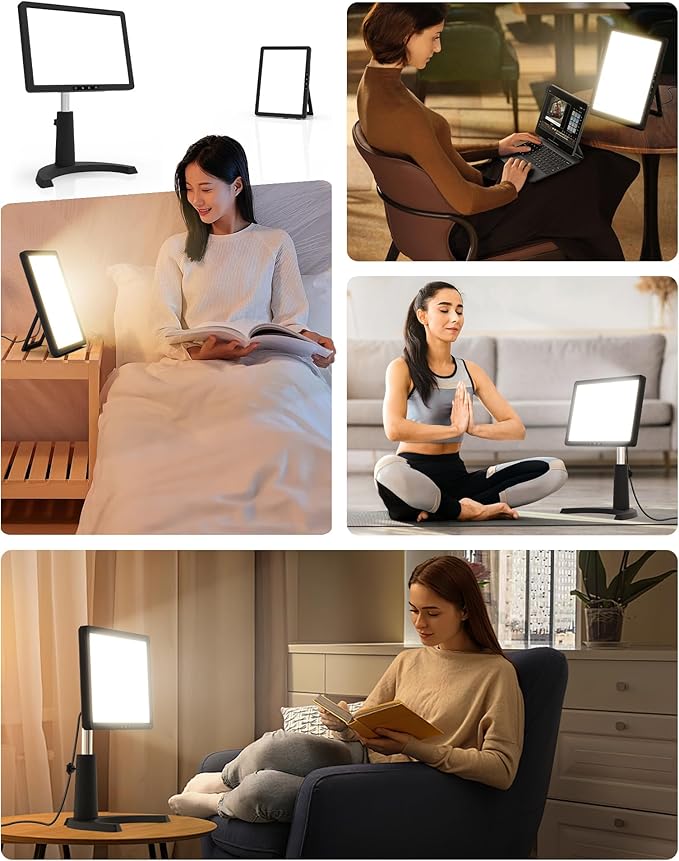 Light Therapy Lamp, 12000 Lux Full Spectrum 3 in 1 Therapy Lamps LED Sunlight, Adjustable 10 Brightness 5 Color Modes, Timer, Height, Angle& Detachable Stand, Black