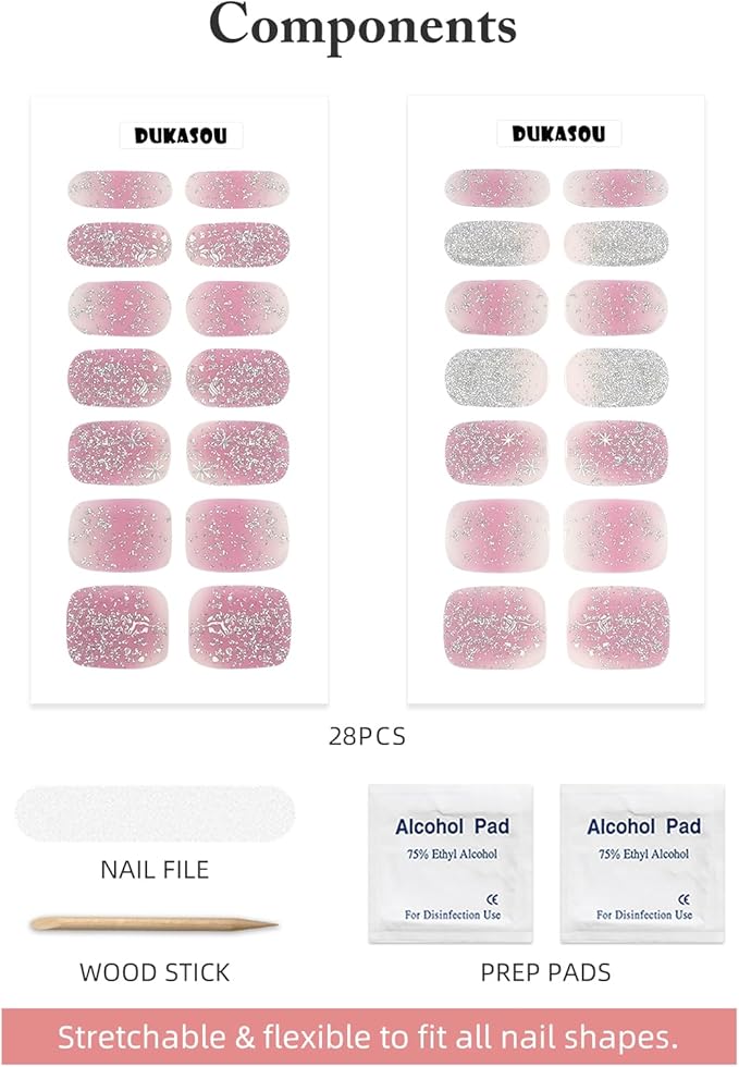 DUKASOU Semi Cured Gel Nail Strips, 56Pcs Nail Art Stickers/Wraps, Long Lasting UV Nail Polish Strips for Adults(Pink+Purple)