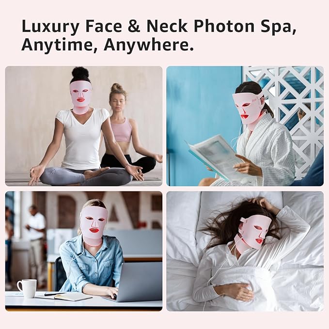 Red Light Therapy Mask for Face and Neck, 7 Colors with NIR Led Face Mask Light Therapy with Eye Protection and Remote, Rechargeable Ergonomic Design for True Anti-Aging Skincare at Home (Pink)