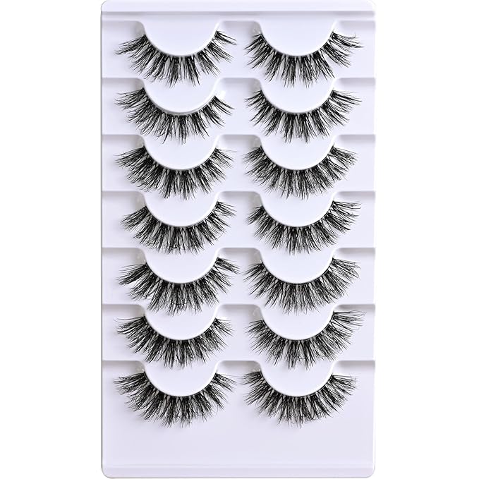 Lashes Wispy False Eyelashes Natural Cat Eye Strip Lash Fluffy Fake Lashes Strips Clear Band Mink Eyelash Natural Look Cateye Demi Wispies Eye Lashes Pack 7 Pairs Short Full Pestañas Set