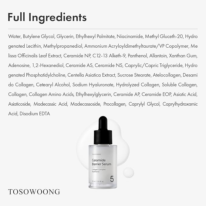 TOSOWOONG Ceramide Barrier Serum, Hydrating Serum for Face, 1,250ppm Ceramide Complex, Niacinamide, Collagen, Panthenol, Centella, Glass Skin, Fragrance-free, Korean Skin Care, 33 ml / 1.11 fl. oz.