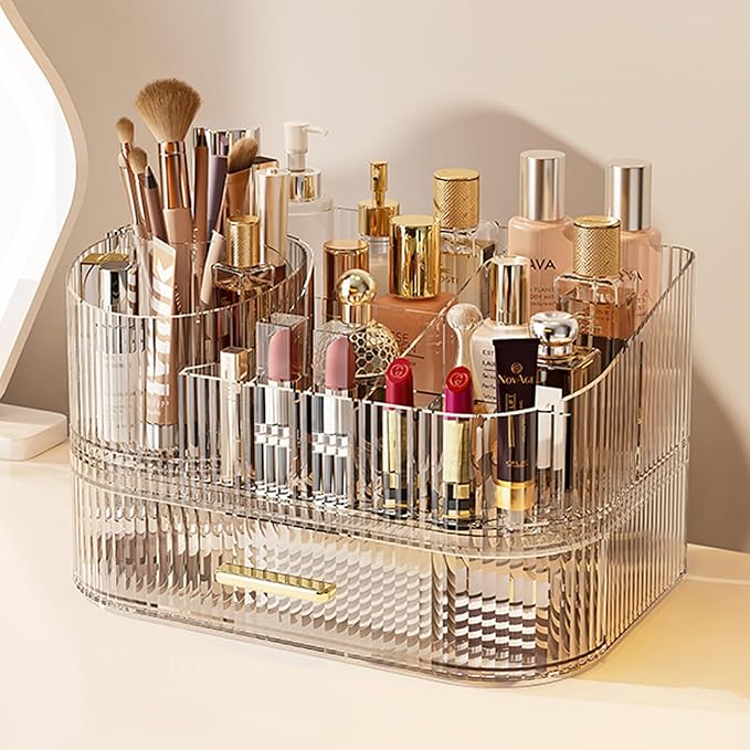 Makeup Organizer with 360° Rotating Brush Holder and Stackable Drawers, Cosmetic Display Case for Vanity, Bathroom Countertop (Clear, 2 Layer)