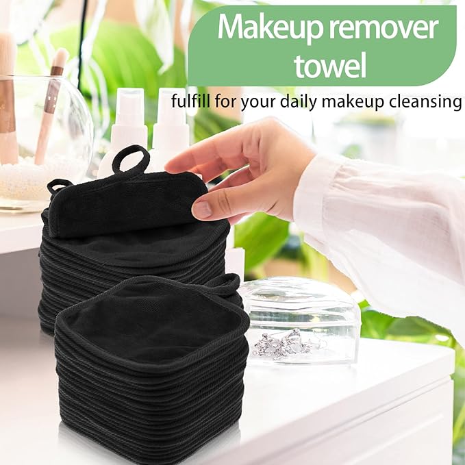 32 Pcs Makeup Remover Pads 5 x 5 Inch Soft Reusable Cloths for Eye Face Cloth Microfiber Washable Makeup Remover Towel Removal Cleaning Cloth for Women(Black)