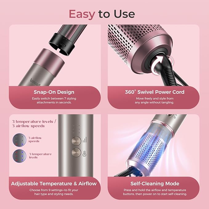 Vincofy 7-in-1 Hair Dryer Brush Blow Dryer, Hot Air Brush Styler with Travel Bag– Fast Drying, Curling, Straightening & Volumizing – 1500W High-Speed Motor 110,000 RPM – All Hair Types – Pink