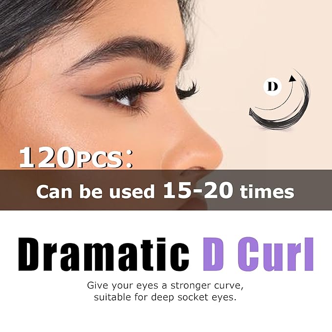 GAQQI Lash Clusters, Eyelash Clusters 120PCS D Curl Individual Lashes, Wispy Cluster Eyelash Extension 10mm Only, Natural Looking Cluster Lashes (GQ03, D Curl, 10mm)