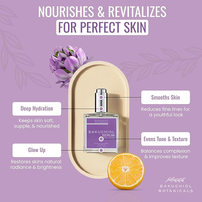 Bakuchiol Botanicals Facial Serum - Natures Plant-Based Retinol - Evens Tone & Complexion - Repairs Acne & Sun Damage - Boost Collagen Production - Smooth Skin - Elasticity - Calms Iritation - 1.7oz