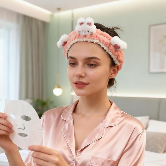 PERFECTSIGHT Kawaii Headband for Spa, Makeup, Washing Face, Party - 2 Pack Cute Hair and Wrist Band for Shower Beauty Skincare, Soft Facial Headbands for Girls and Women, Coral Rabbit