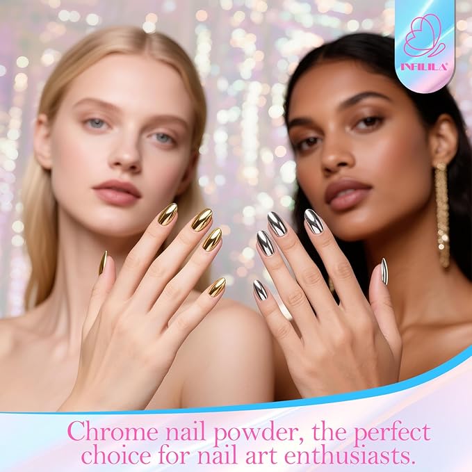 NXJ INFILILA Pearl Chrome Nail Powder Kit, Chrome Pallete for Nails 4 Colors - Gold, Silver, Moonlight White, Iridescent Yellow, Pearl Mermaid Aurora Effect Pigment for Gel Polish, Gift for Women