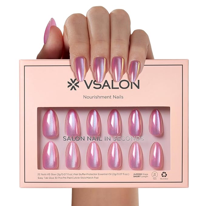VSALON Press on Nails Short Almond - Pink Cat Eye Chrome Nails Kit for Women, Halloween Reusable Aurora Effect Opaque Gel Fake Nails with Glue & Cuticle Oil - 32 PCS Stick On Nails in 16 Sizes
