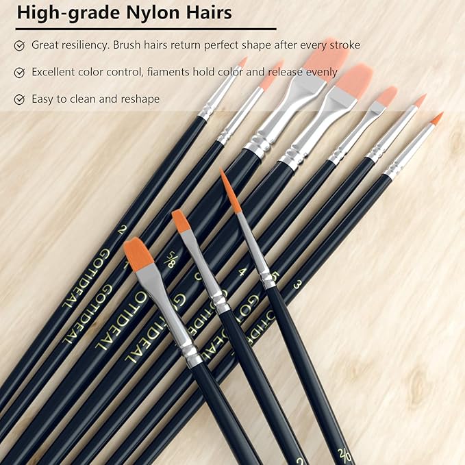 GOTIDEAL Paint Brush Set, 10 Pcs Round Pointed Tip, Small Nylon Hair Brushes for Acrylic, Oil and Gouache,Body, Face Nail Art and Rock Painting, Perfect for Kids & Adult