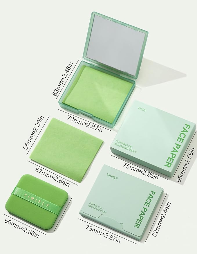 Oil Blotting Paper - 300 Sheets w/Mirror, Puff & Refills, Absorbs Excess Face Oil, Controls Shine, Gentle for Makeup Use.