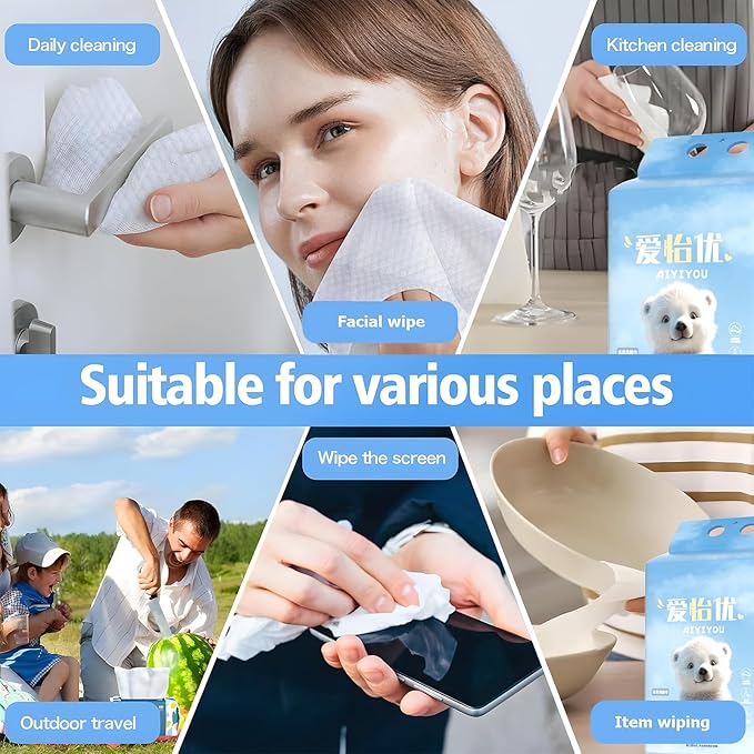 Hanging Disposable Face Towels 200 Count, Wall Mount for Easy Dispensing, Ultra Soft & Lint-Free 8x8 Inch Biodegradable Dry Wipes for Makeup Remover, Sensitive Skin & Daily Skincare