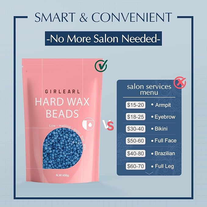 GIRLEARLE Hard Wax Beads, 1lb Wax Beans for Hair Removal, Hard Wax for Women Sensitive Skin at Home, Wax Refill Perfect for Brazilian Bikini, Eyebrow, Legs, Facial and Full Body with Chamomile Formula