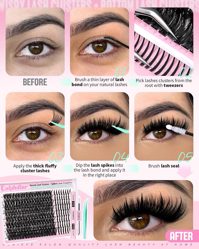 Spikes Eyelash Clusters Volume Lash Clusters Kit DIY Salon-Grade Lash Extensions Spiky Individual Lashes Extension Kit 12-21mm Cluster Eyelash Extensions Kit Manga Lashes Clusters with Bond and Seal