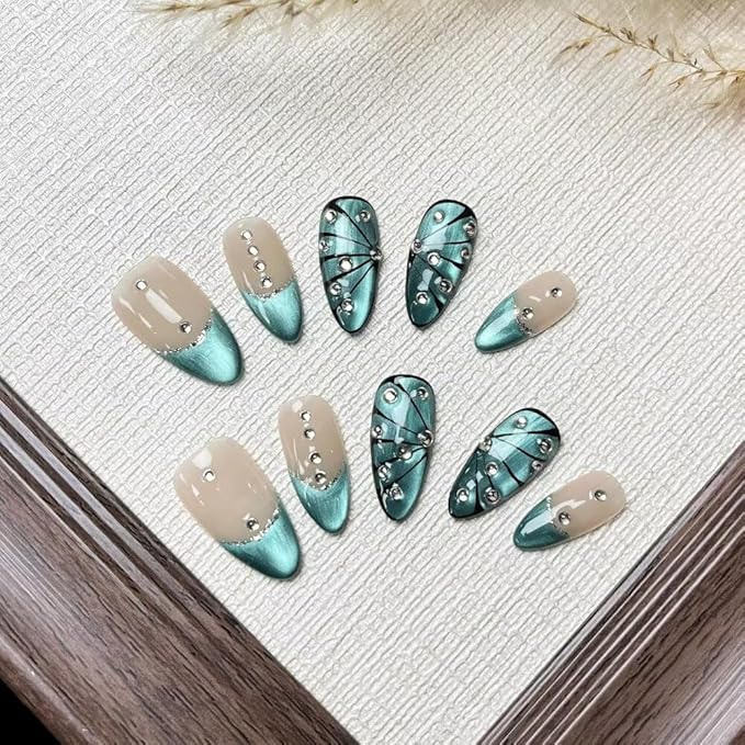 MAGLFELL Press On Nails Medium Almond Shape False Nails, Handmade Acrylic Gel Fake Nails with Art Designs, Reusable 10 Pcs 3D Nails for Women DIY Manicure Kit
