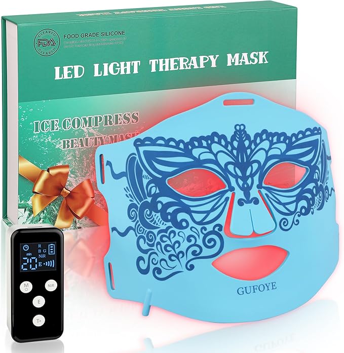 Red Light Therapy for Face Mask with Ice Compress, 850nm Infrared Red Light Therapy, 7+1 Light Modes Led Face Mask Light Therapy, Level 5 Timing, 3000mAh, Led Mask Light Therapy for Home, Blue