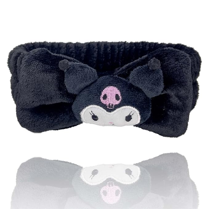 Saileg Kawaii Cartoon Headband, Cute Anime Spa Band for Women face Washing Makeup Skincare, Soft Microfiber Coral Shower Fluffy Towel Hairband for Girls (Bkuro)