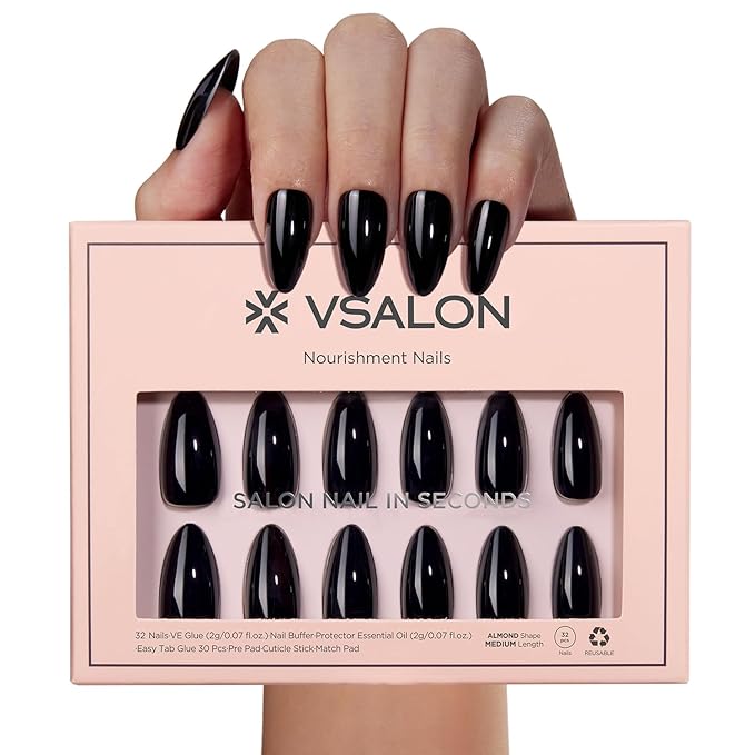 VSALON Press on Nails Medium Almond - Glossy Black Winter Nails for Women, Reusable Solid Opaque Gel Fake Nails with Glue & Cuticle Oil - 32 PCS Glue On Nails in 16 Sizes (Enchanting Night)
