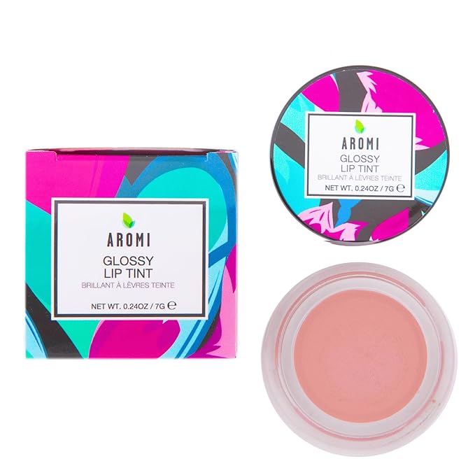 Aromi Glossy Lip Tint in Pot – Shimmery, Hydrating Lip Gloss Color, Metallic, Light Peachy Beige Shade, Vegan & Cruelty-free, Moisturizing, Non-Sticky Formula (Peach Nude)