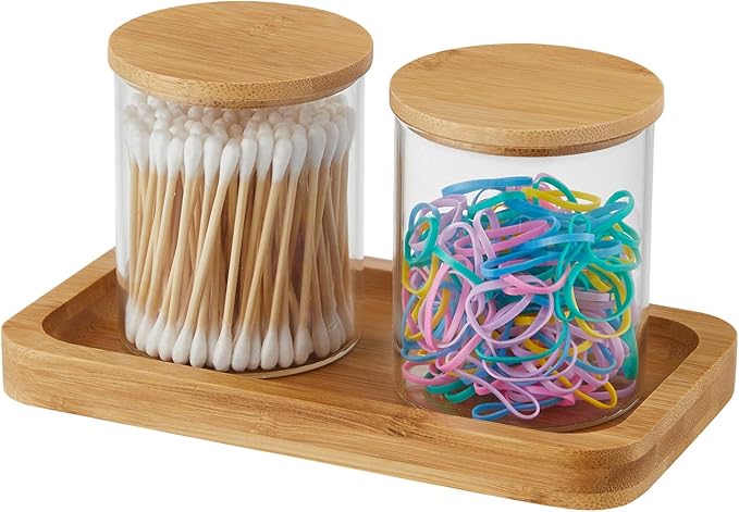 INIUNIK Qtip Holder With Vanity Tray, Glass Apothecary Jars With Lids for Bathroom, Cotton Ball Swab Pad Rounds Holder Canister Jars for Restroom Decorations and Organizer