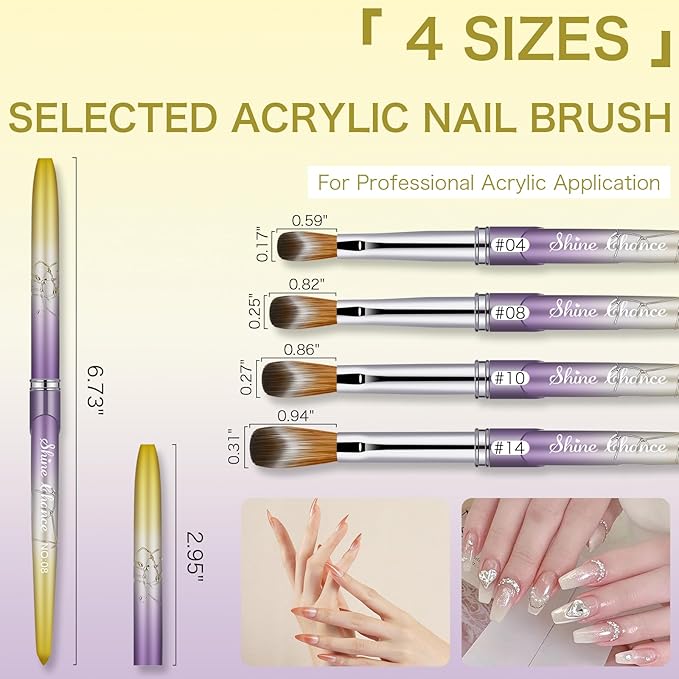 Shine Chance 4Pcs Acrylic Nail Brushes Set, Kolinsky Acrylic Nail Art Brush, Art Design & Polish Mistake Cleaning Manicure Tools for Women Acrylic Application (Size 4 8 10 14), Yellow