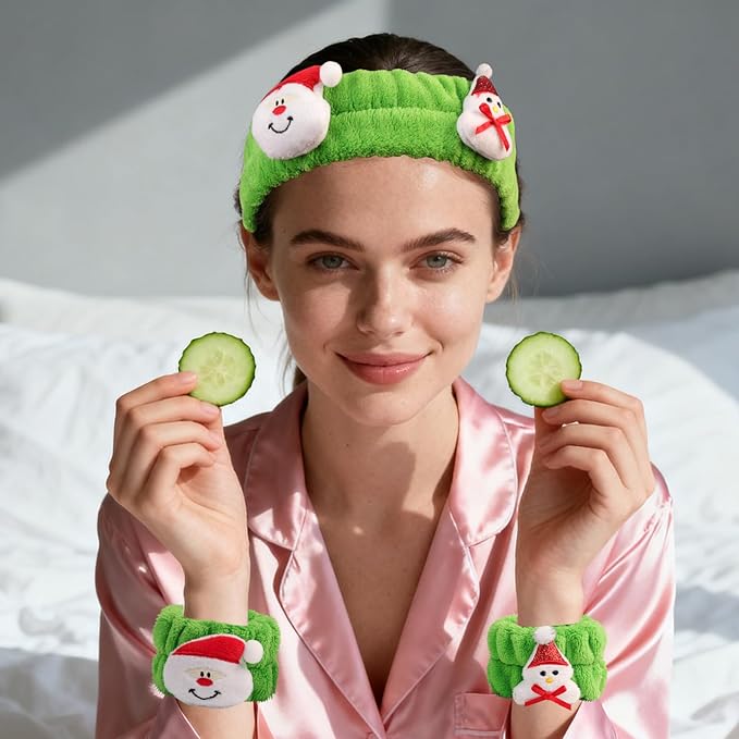 PERFECTSIGHT 2 Pack Cute Animal Headbands for Makeup Wash Shower Adjustable Elastic Hair Band for Girls and Women (Green Christmas)