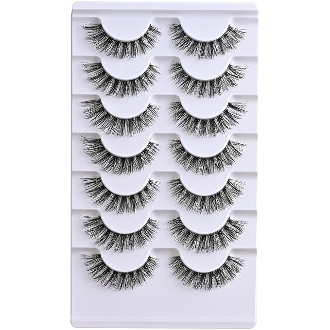 Lashes Wispy False Eyelashes Natural Cat Eye Strip Lash Fluffy Fake Lashes Strips Clear Band Mink Eyelash Natural Look Cateye Demi Wispies Eye Lashes Pack 7 Pairs Short Full Pestañas Set