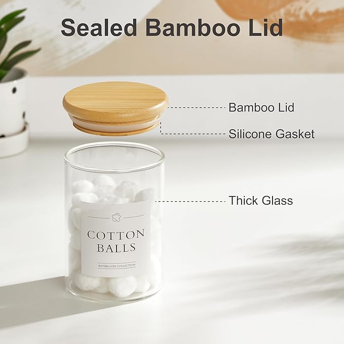INIUNIK 4 Pack Qtip Holder Dispenser - Glass Apothecary Jars with Lids, Cotton Ball Pad Swab Round Holder, Bamboo Bathroom Accessories, Bathroom Organizers Containers Jars Canisters with Lids