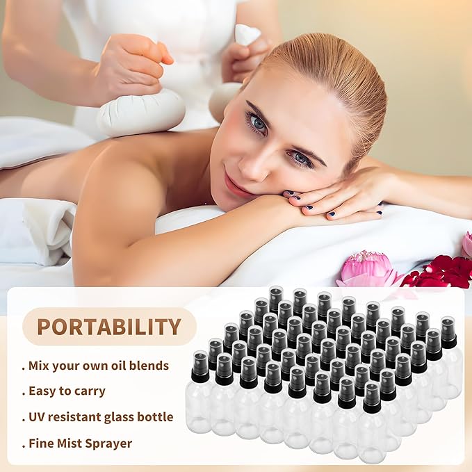 BILLIONSTARS 48 Pack 2oz Glass Boston Round Bottle with Fine Mist Sprayer - Clear - Essential Oils, Bath, Beauty, Hair & Cleaning - Leakproof Travel Bottles