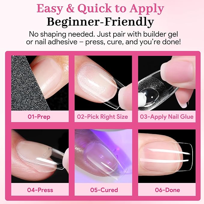 Qiek Short Square Fake Nail Tips - 15 Sizes 240 PCS Clear French Half Matte Press On False Nail Tips Pre-shaped Full Cover Gel Nail Tips Extensions Thick Long Lasting for DIY Beginners& Salon Manicure