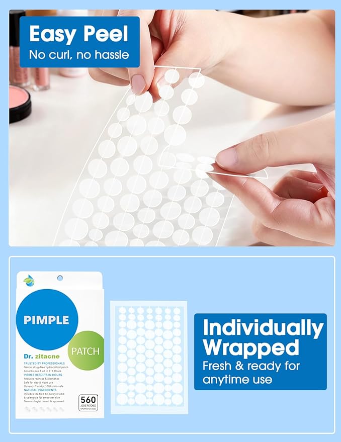 Pimple Patches for Face—Hydrocolloid Acne Patch, 6 Sizes (7/8/10/11/12/14 mm), 560 ct.—Tea Tree, Salicylic Acid & Centella-Invisible Waterproof Spot Dots, Absorb Fluid & Shrinking Zits and Whiteheads