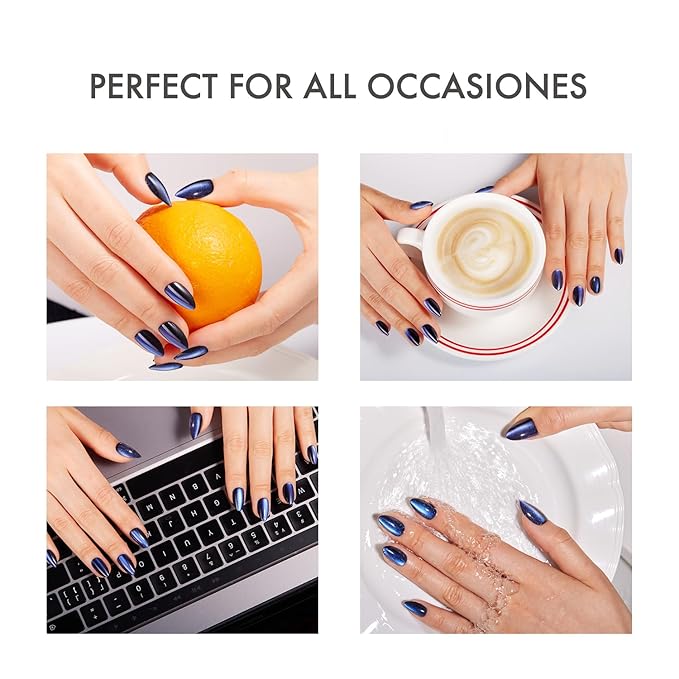 VSALON Press on Nails Short Almond - Blue Cat Eye Chrome Glue On Nails Kit for Women, Reusable Opaque Gel Stick on Nails with Glue & Cuticle Oil - 32 PCS Fake Nails in 16 Sizes (Midnight Tide)