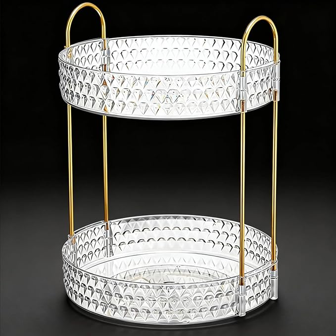Gold Rotating Makeup Organizer for Vanity, 2-Tier Large Capacity Perfume & Skincare Organizer with Brush Holder, 360° Bathroom Countertop Organizer for Cosmetics, Jewelry & Hair Products