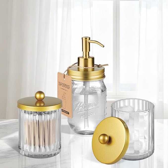 Amolliar Qtip Holder Dispenser for Bathroom, Clear Glass Canister Apothecary Jar for Cotton Swabs, Cotton Balls, Makeup Pads, Floss Picks, Container for Countertop Vanity Storage Organizer,Gold 4 Pack