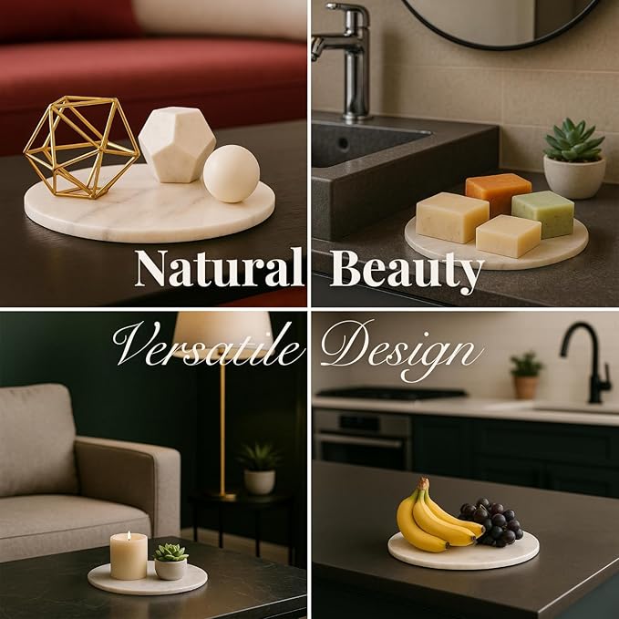 Handcrafted Marble Tray – Bathroom Counter Organizer, Jewelry Tray, Perfume Organizer & Decorative Tray for Vanity Accessories, Coffee Table Decor & Bathroom Countertop (Round, Mugla White)