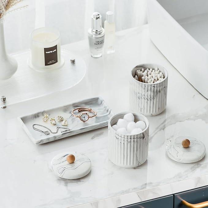 Redelaenor Marble Small Bathroom Jar Set ,Ceramic Cotton Swabs Holder with Lid and Dresser Organizer Set Tray for Storage and Organizing in Bathroom, Dresser, Kitchen, Office