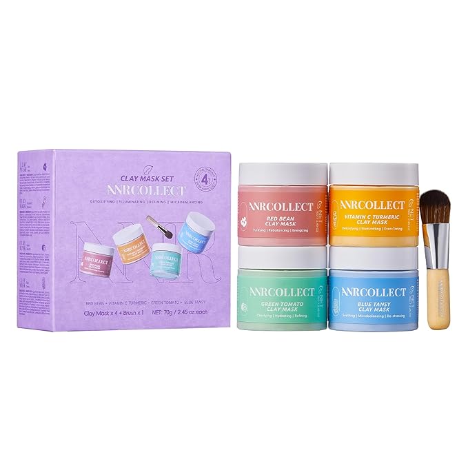 ANRCOLLECT 4Pcs Clay Mask Set, Kaolin Facial Spa Kit for Pore Cleansing & Glowing, Hydrating Mud Cream Wash-Off Mask for All Skin Types, Women and Men (70g*4+Brush), Teen Girl Gifts