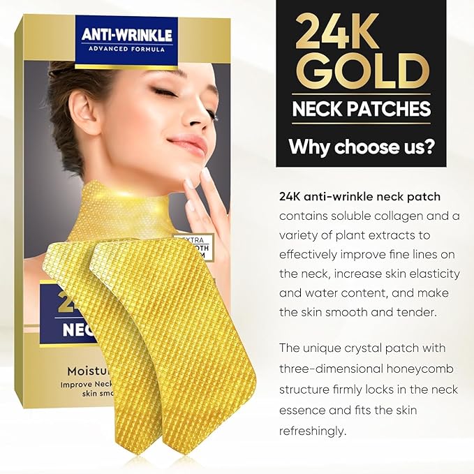 AKQBPN Neck Wrinkle Patches, 24K Gold Collagen Neck Fine Line Pads, Firming Tightening & Moisturizing Mask For Line Romoval