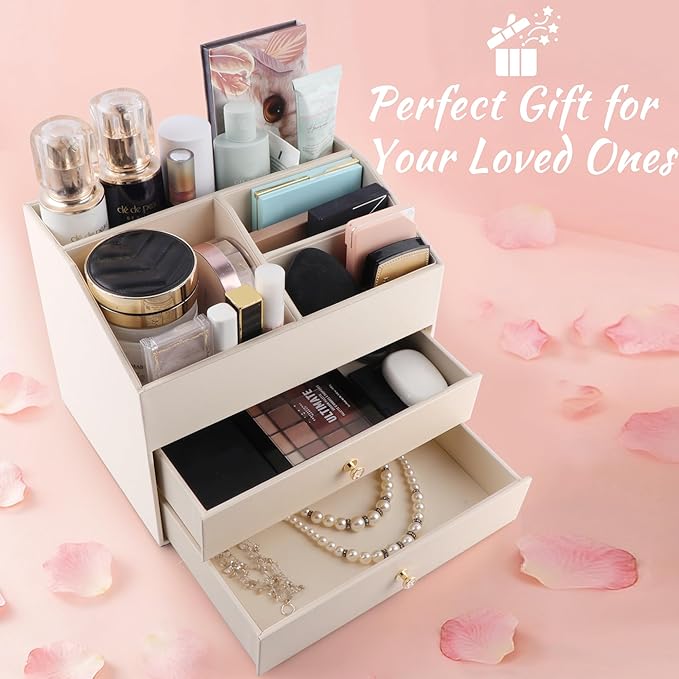 Homeanda Makeup Organizer with Drawers, PU Leather Cosmetic Storage Box Large Cosmetic Display Case for Skincare, Lipstick, Brushes, Bedroom Storage(Beige)