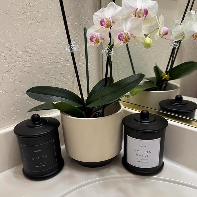 Ronasip Qtip Holder & Cotton Pad Dispenser, Bathroom Organizer and Storage Canisters, 16oz Glass Apothecary Jars for Kitchen, Restroom - Home Decor Accessories, Room Decor Aesthetic (2 Pack, Black)